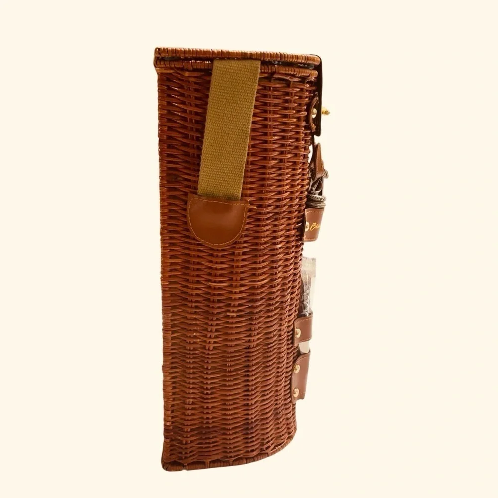 VTG Beau Rivage Wicker Wine BottleHolder Carrier Picnic Case w/Strap & Corkscrew